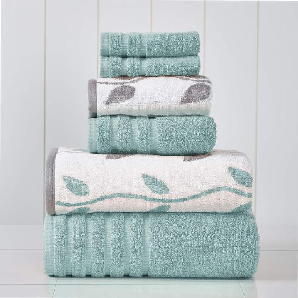 6PC SET MODERN THREADS ORGANIC VINES JACQUARD TOWELS AQUA